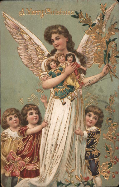 An angel holding dolls with children: 