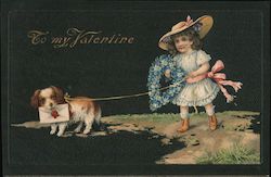 To my Valentine - Young girl with flowers and a dog on a leash. Postcard