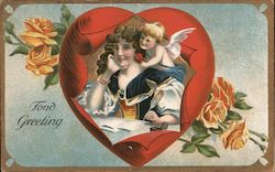 Fond Greeting: Woman Writing Letter With Cupid Over Shoulder Postcard Postcard Postcard