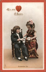 To one I Love; two children sharing tea Postcard