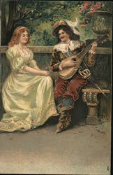 Man Playing Lute, Serenading Woman Couples Postcard Postcard Postcard