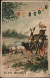 Bunnies Riding in Cart Pulled by Goat - Easter Greetings With Bunnies Postcard Postcard Postcard