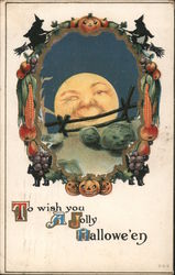 Moon In Moon Looking over fence: "To wish you a Jolly Halloween" Postcard