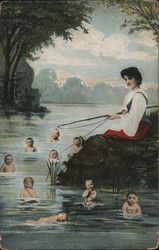 Woman Sitting on the Bank Fishing for Babies Postcard