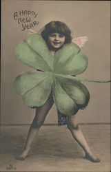 A Happy New Year - Cherub and Large 4-Leaf Clover Angels & Cherubs Postcard Postcard Postcard