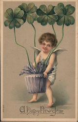 Cherub Carrying a Basket of 4-Leaf Clovers Angels & Cherubs Postcard Postcard Postcard