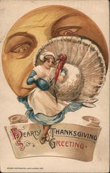 Woman seated with turkey in front of moon: "Hearty Thanksgiving Greeting" Turkeys Postcard Postcard Postcard