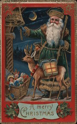 Santa Claus and Reindeer Delivering Toys at Night Postcard Postcard Postcard