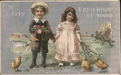 A Happy Eastertide Be Yours - boy and girl w/ chicks, eggs With Children Postcard Postcard Postcard