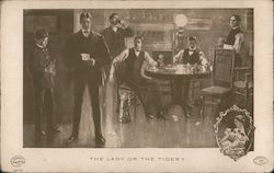 Men playing cards: "The Lady or the Tiger?" Postcard