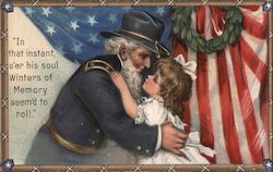 Veteran soldier hugging girl - "In that instant, o'er his soul winters of memory seem'd to roll" Civil War Postcard Postcard Postcard