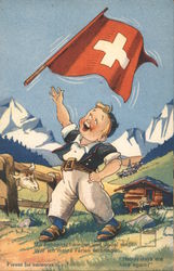 Boy with Swiss flag: "Happy days are here again!" Postcard