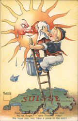 We Hope You, Too, Have a Place in the Sun! - Boy Cleaning Sun Over Map of Switzerland Postcard