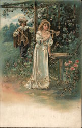 Woman Playing Horn While Man Watches Postcard