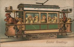 Easter Greetings - Chickens riding in a streetcar Postcard