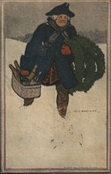 Man in Snow Carrying Wreaths and Basket of Wine Bottles Christmas Postcard Postcard Postcard