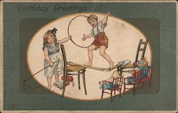 Children Playing on Furniture: Birthday Greetings Postcard