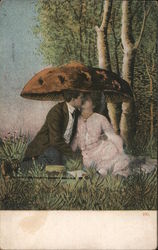 Couple kissing under Giant Mushroom, Toadstool Fantasy Postcard Postcard Postcard