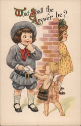 What Shall the Answer be? - Cupid delivers a Valentine from one child to another Postcard