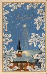 Star shining over church: "Happy Yule" Postcard