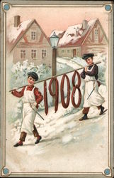 Two Boys Carrying Sausages Spelling "1908" Postcard