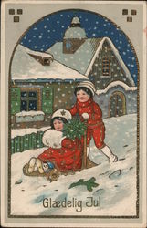 Glædelig Jul - Boy Pushing Girl on Sled Children Postcard Postcard Postcard