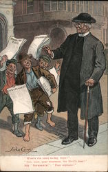 Boys selling newspapers to a reverend Postcard