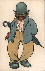 Black man in nice clothes holding an umbrella behind back Postcard