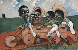 Black Children Riding in and Pushing a Cart Black Americana Postcard Postcard Postcard