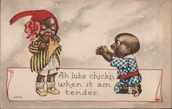 Black boy and girl: "Ah lubs chick'n when it am tender" Postcard