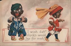 Black Children Couple: I Wish Dat Chick'n Would Lay for Mah! Black Americana Postcard Postcard Postcard