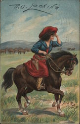 Cowgirl on Horse - "R.U. Looking" Postcard