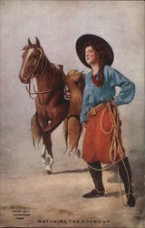 Cowgirl with horse: "Watching the round-up" Postcard