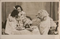 Girl Having Tea With Her Dogs Postcard Postcard Postcard