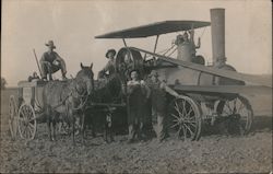 Farmers with Horses, Steam Tractor in Field Postcard