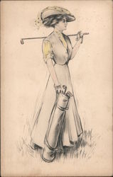 A Woman Holding Golf Clubs Postcard