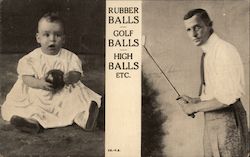 Rubber Balls, Golf Balls, High Balls, Etc. A Man and a Man and a Baby with Golf Equipment Postcard