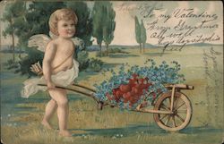 Cupid Pushing a Wheel Barrow Full of Flowers Postcard Postcard Postcard