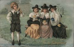 Three Girls Sitting on a Bench as a Boy Walks By - Pilgrims Postcard