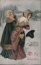 Two Young Woman Walking in Snow: Two My Valentine Women Postcard Postcard Postcard