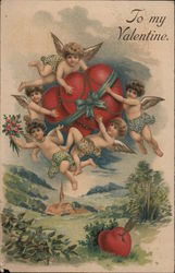 Five Cupids Hold Two Hearts While Flying Above A Country Scene Postcard Postcard Postcard