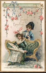 Love's Greeting - A Girl Sitting and Reading a Book with A Boy Behind Her Postcard