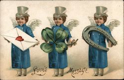 Three cupids holding a letter, shamrock and horseshoe: "Love's Message" Postcard Postcard Postcard