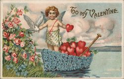 To My Valentine - Cupid in a Boat full of Hearts Postcard Postcard Postcard