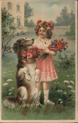 To My Valentine - A Girl and a Dog with Flowers Postcard