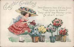 Easter Greeting - A Woman Watering Flowers Postcard