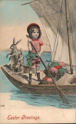 Easter Greetings - A Boy Rowing a Boat with Bunnies Postcard Postcard Postcard