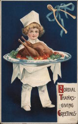 Cordial Thanksgiving Greetings - A Child Holding a Cooked Turkey Postcard