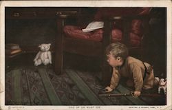 Boy Playing With Toys on Floor "One of Us Must Die" Postcard