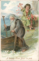 A Happy New Year to You - An Angel Sprinkling Flower Petals on an Old Man Postcard